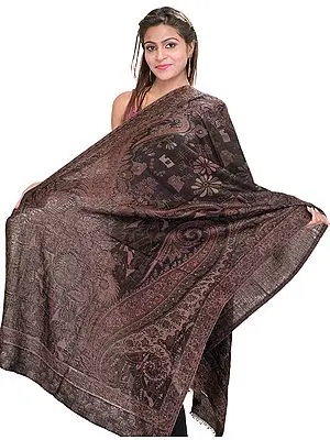 Pine-Bark Reversible Pashmina Jamawar Stole with Woven Paisleys