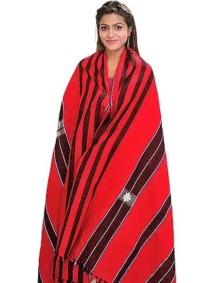 Tomato-Red Heavy Shawl from Nagaland with Woven Stripes