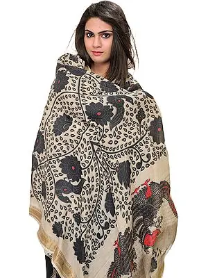 Cloud-Cream Dupatta from Banaras with Digital Printed Peacocks