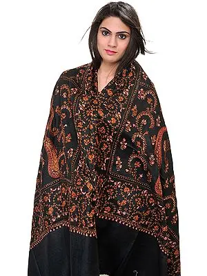 Caviar-Black Kashmiri Tusha Shawl with Needle-Embroidered Paisleys by Hand