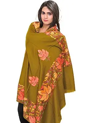Bronze-Mist Shawl from Kashmir with Aari-Embroidered Maple Leaves