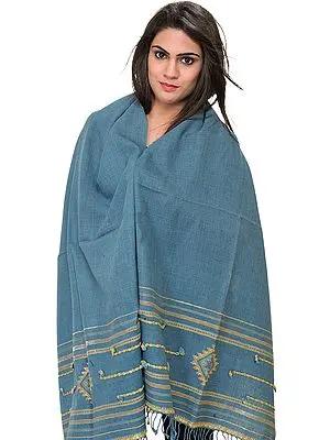 Aegean-Blue Stole from Kutch with Embroidery on Border