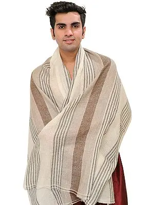 Egret-White Men's Cashmere Scarf from Nepal with Woven Stripes
