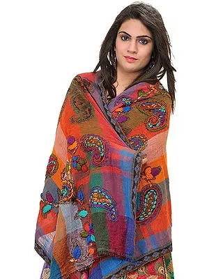 Multi-Color Jamawar Stole with Embroidered Paisleys