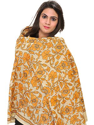 Cloud-Cream Kantha Dupatta with Embroidered Flowers by Hand
