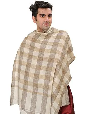 Snow-White Cashmere Scarf from Nepal with Woven Checks
