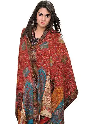 Dark-Red Kani Jamawar Stole with Woven Leaves