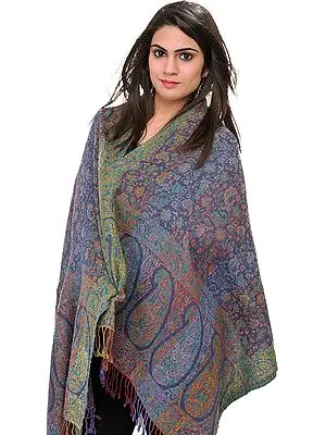 Bijou-Blue Reversible Jamawar Stole with Woven Paisleys