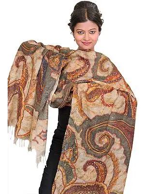 Whitecap-Gray Digital Printed Stole with Straight Stitch Embroidery