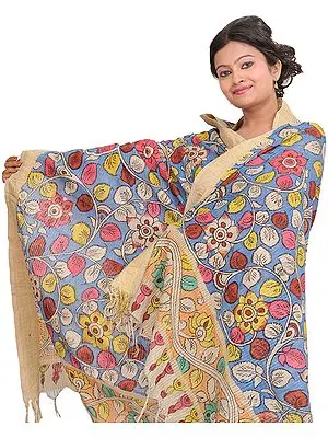 Blue-Moon Kalamkari Dupatta from Andhra Pradesh with Painted Foliage