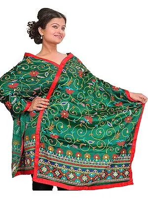 Foliage-Green Dupatta from Gujarat with Aari Hand-Embroidery and Mirrors