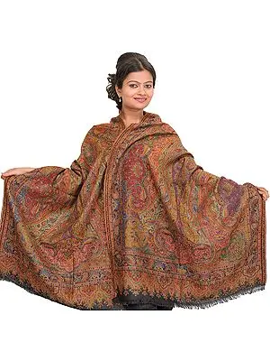 Caviar-Black Kani Jamawar Stole with Woven Paisleys in Multicolor Thread