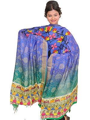 Blue and Green Shaded Dupatta from Banaras with Digital-Printed Flowers