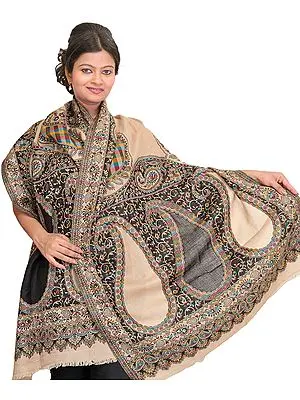 Sandshell and Black Jamawar Stole with Giant Paisleys Woven in Multi-color Thread