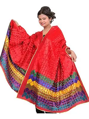 Lipstick-Red Phulkari Dupatta from Punjab with Embroidered Flowers All-Over