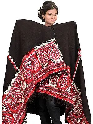Jet-Black Antiquated Shawl from Kutch with Rabari Embroidered Border and Mirrors
