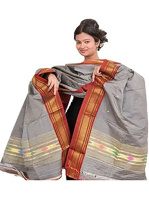 Frost-Gray Paithani Dupatta with Woven Bootis and Golden Zari Border