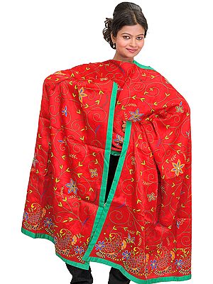 Tomato-Red Dupatta from Gujarat with Aari Hand-Embroidery and Mirrors