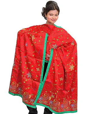 Tomato-Red Dupatta from Gujarat with Aari Hand-Embroidery and Mirrors