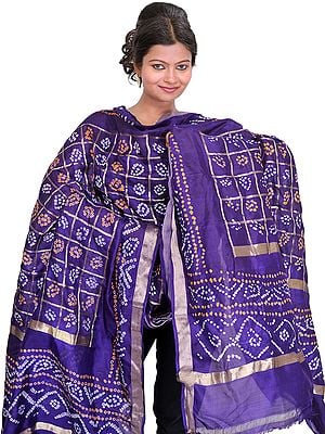 Bandhani Tie-Dye Gharchola Dupatta from Gujarat with Golden Thread Weave