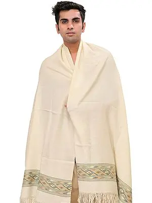Pristine-White Plain Men's Shawl from Kullu with Kinnauri Woven Border