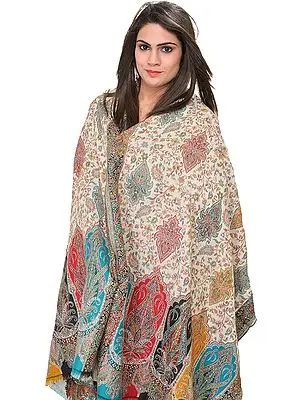 White Kani Jamawar Stole with Woven Leaves in Multi-Color Thread