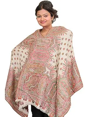 Pristine-White Kani Jamawar Stole with Woven Flowers