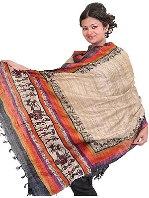 Wood-Ash Dupatta from Jharkhand with Printed Warli Folk Motifs