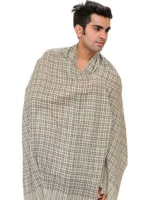 White and Black Cashmere Men's Scarf from Nepal with Woven Checks