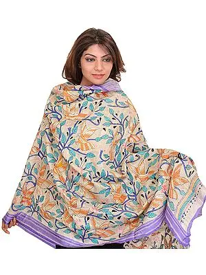 Cloud-Cream Dupatta from Bengal with Kantha Embroidered Sparrows and Foliage