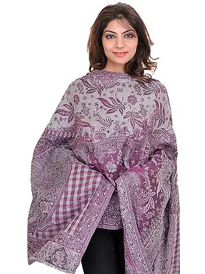 Gray and Purple Reversible Cashmere Stole with Woven Flowers and Paisleys