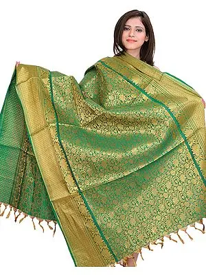 Bosphorus-Green Brocaded Dupatta from Tamil Nadu with Woven Lotuses All-Over
