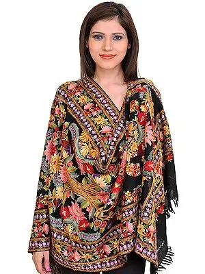 Jet-Black Kashmiri Stole with Floral Aari-Embroidery by Hand
