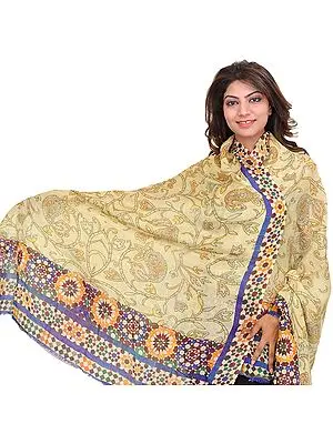 Hay-Green Shawl with Digital Printed Paisleys and Floral Border