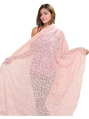 Crystal-Rose Dupatta from Lucknow with Chikan Embroidered Leaves All-Over