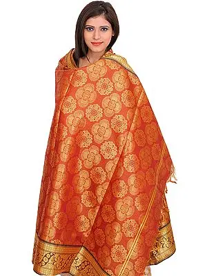 Etruscan-Red Brocaded Shawl from Tamil Nadu with Woven Flowers