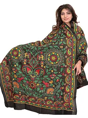 Caviar-Black Dupatta from Kolkata with Kantha-Embroidered Motifs