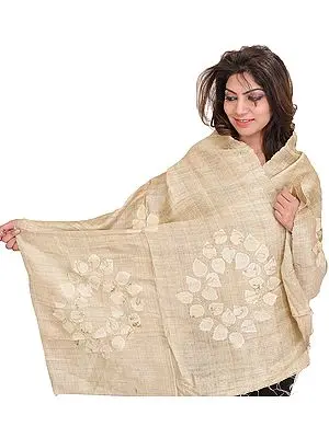 Cloud-Cream Dupatta from Jharkhand with Applique Leaves