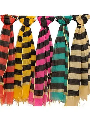 Lot of Five Dupattas with Woven Black Stripes
