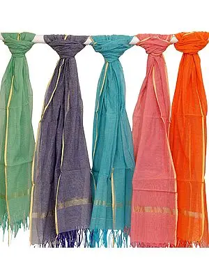 Lot of Five Dupattas with Woven Stripes All-Over
