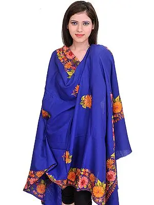 Mazarine-Blue Shawl from Kashmir with Aari Embroidered Flowers
