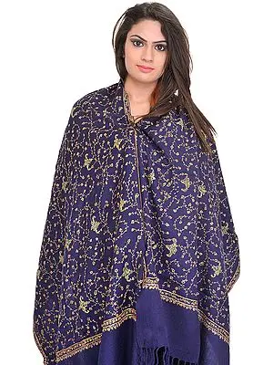 Patriot-Blue Tusha Stole from Kashmir with Needle Hand-Embroidery All-Over