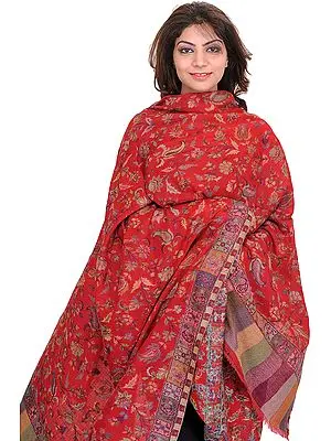 Cardinal-Red Semi-Cashmere Kani Shawl with Woven Paisleys and Flowers