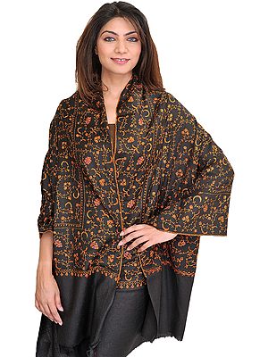 Jet-Black Kashmiri Tusha Stole with Sozni Embroidery by Hand