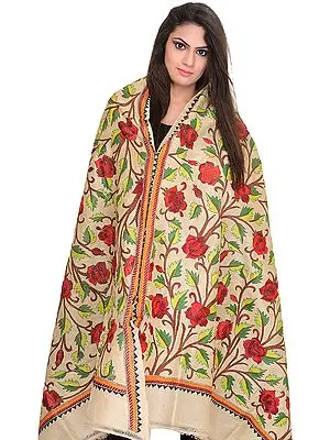Albaster-Gleam Dupatta from Kolkata with Kantha-Embroidered Roses by Hand