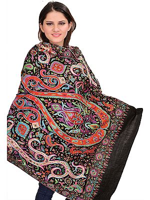 Jet-Black Kashmiri Pashmina Shawl with Sozni Hand-Embroidered Paisleys