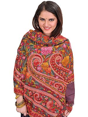 Grape-Shake Stole from Kashmir with Aari Hand-Embroidered Flowers and Paisleys All-Over