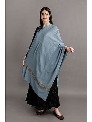 Plain Tusha Cashmere Stole from Kashmir with Sozni Hand-Embroidery on Border