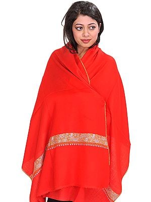 Plain Tusha Cashmere Stole from Kashmir with Sozni Hand-Embroidery on Border