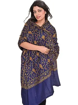 Patriot-Blue Tusha Shawl from Kashmir with Sozni Hand-Embroidery All-Over
